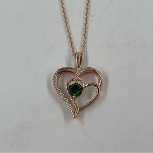 18” 925 Sterling Silver Chain Rose Gold Green Gem Double Heart Pendant Necklace